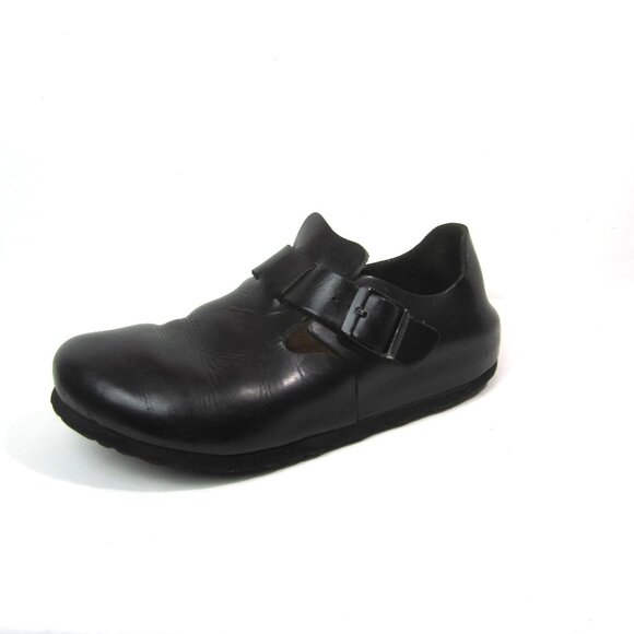 Birkenstock Women's 38 7 7.5 London Black Leather Loafer Flat Clog Buckle Strap - Picture 1 of 10